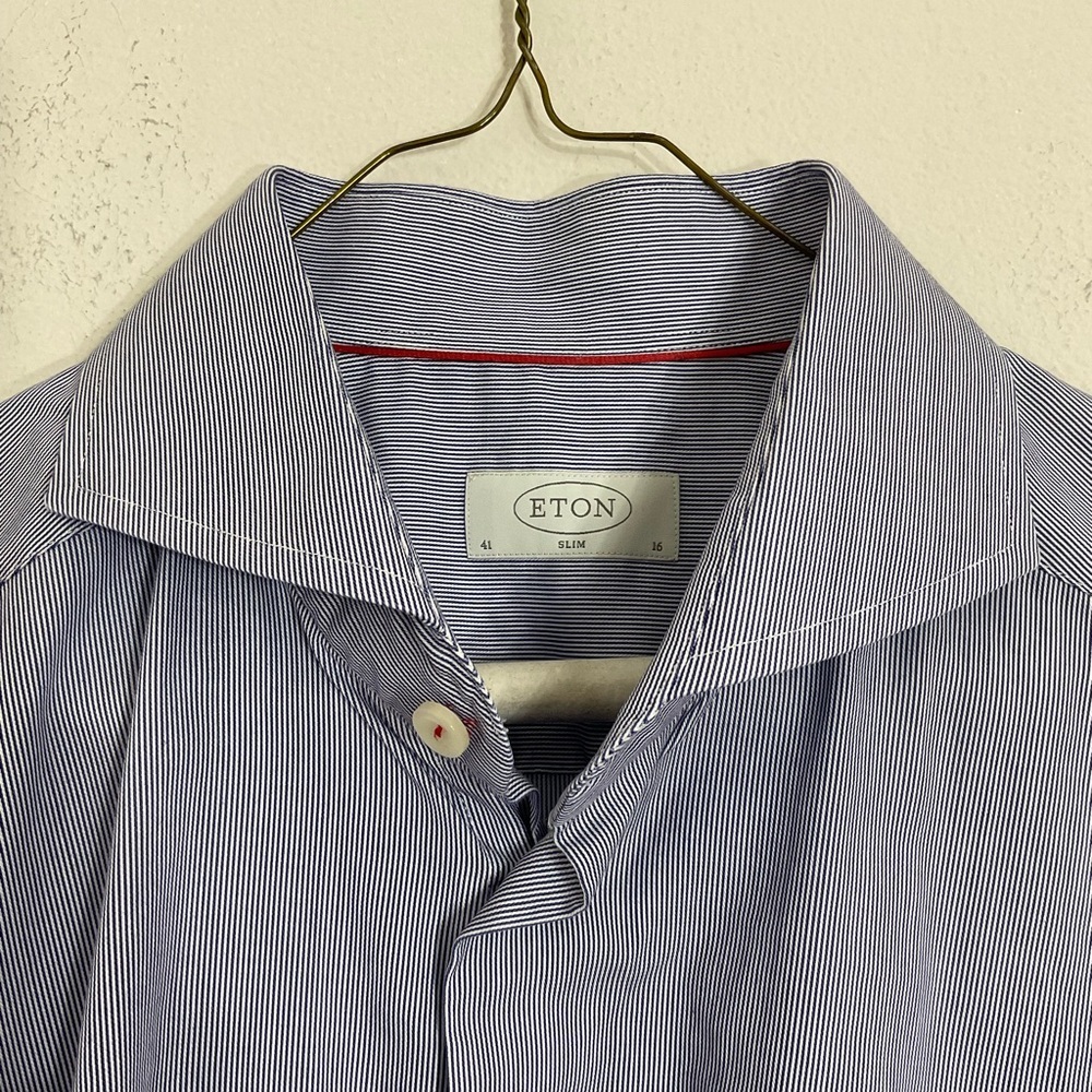 ETON Shirt Men’s Size 41/16 White Blue Striped Long Sleeve Spread Collar - Picture 4 of 8